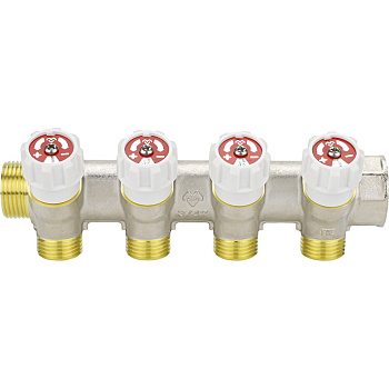 Коллектор распределительный VARMEGA с запорными клапанами 3/4 х3/4, 3 выхода, евро конус