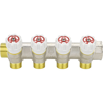 Коллектор распределительный VARMEGA с запорными клапанами 3/4х1/2, 4 выхода